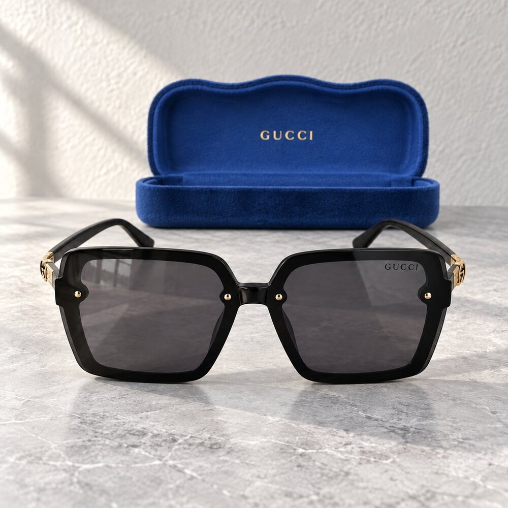 Gucci Black Gold Trim Square Sunglasses